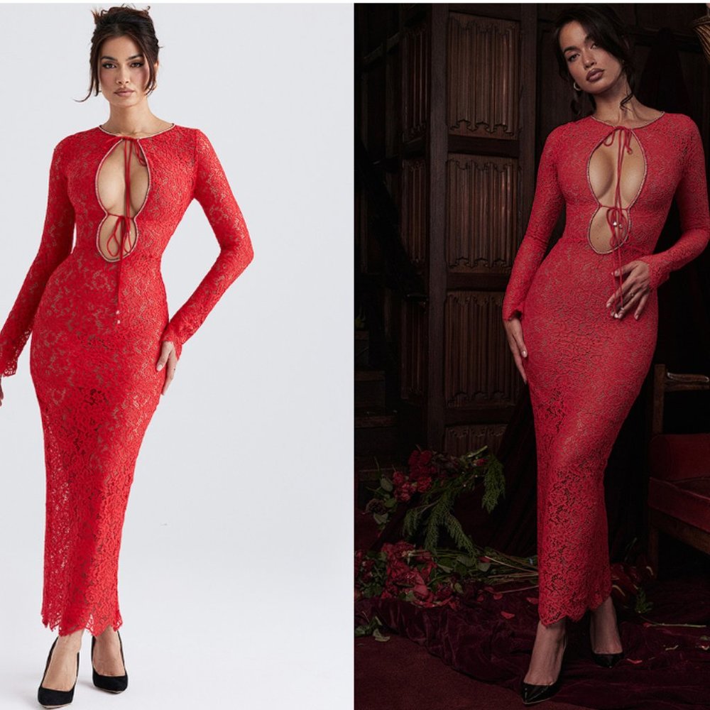 HOUSE OF CB 'Lisandra' Red Lace Maxi Dress NWOT